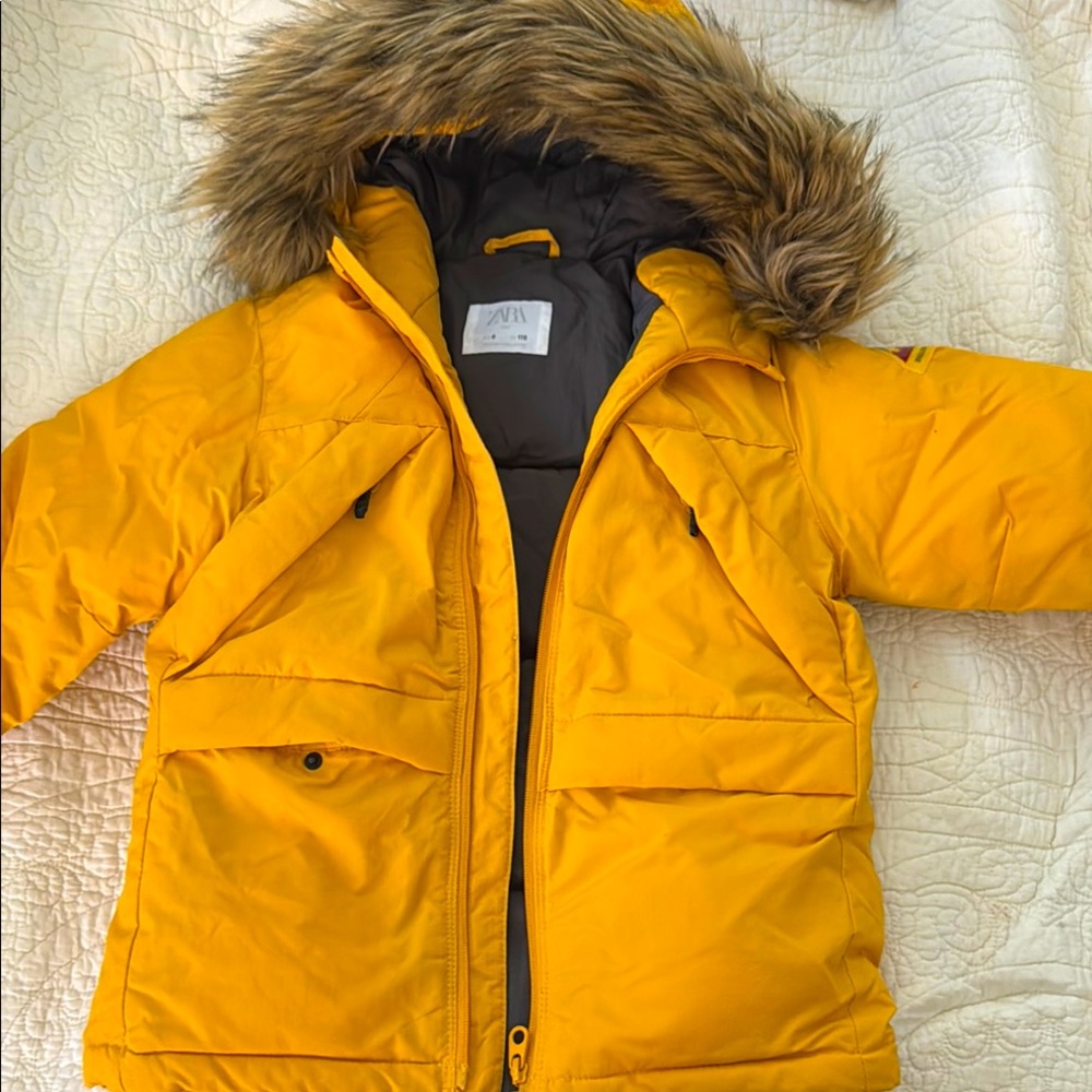 Zara Kids Yellow Puffer Jacket with Faux Fur Hood